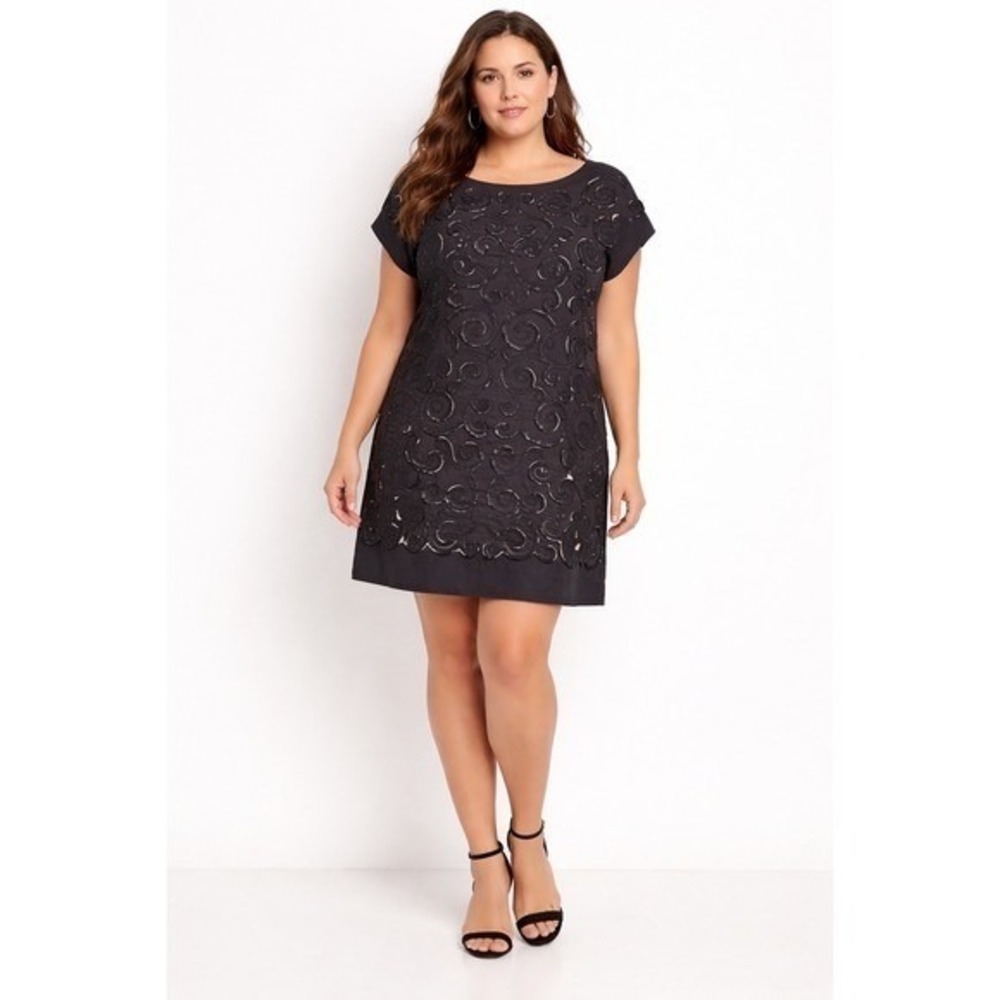 Catherine‎ Malandrino Shift Dress Women L Black Lasercut Scrollwork Cap